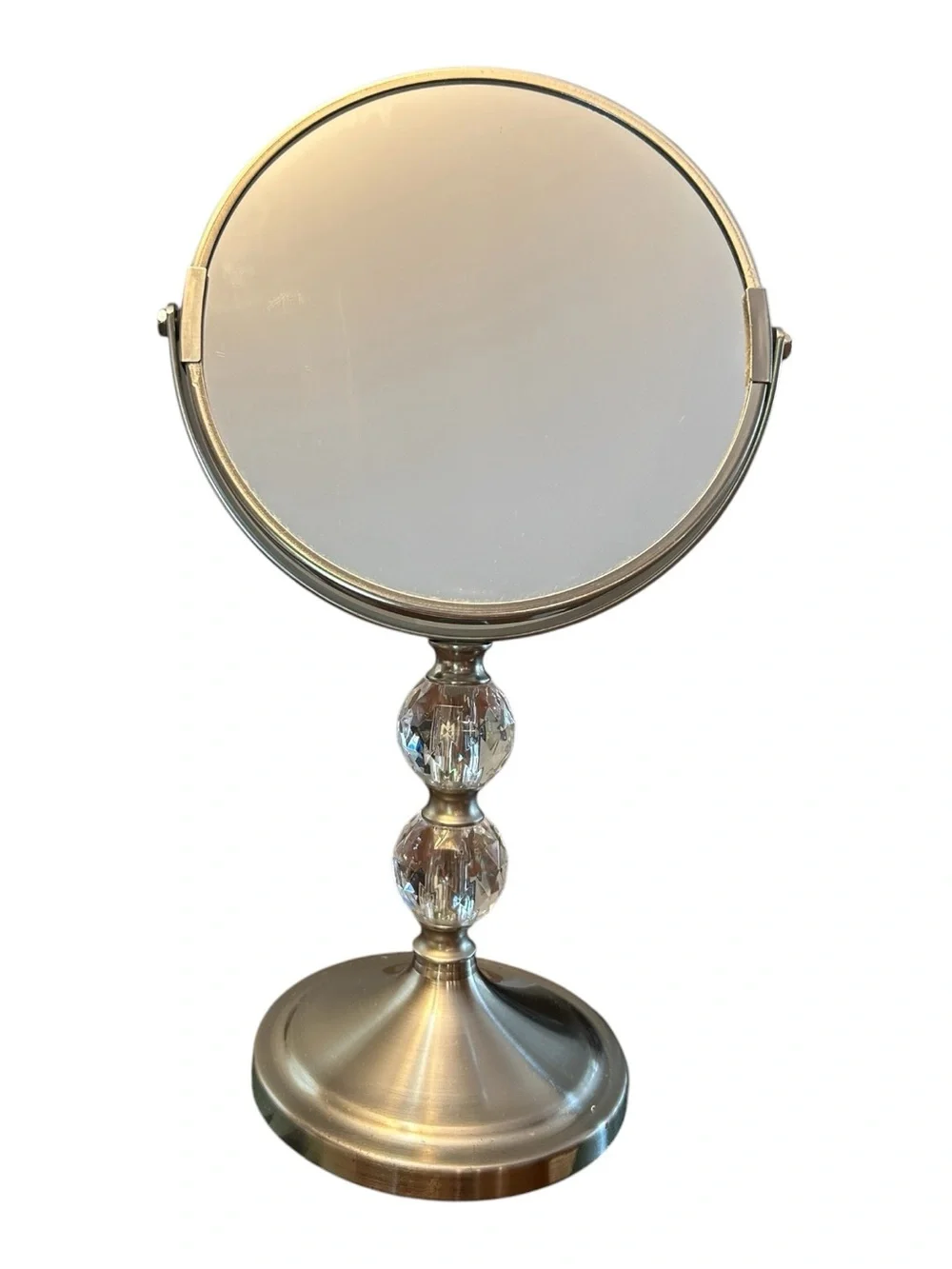 VTG Silver Vanity Makeup Mirror with Crystal Accents Double Side Magnification